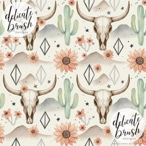 May include: Seamless pattern design featuring a repeating pattern of a cow skull, cacti, sunflowers, and mountains in a watercolor style. The color palette includes beige, brown, peach, and green. The text "delicate brush designs" is visible.