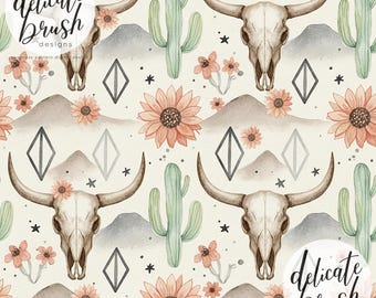 Watercolour Painted Cow Skull Country Western Wild West Cowboy Desert Floral Cactus Seamless Pattern / Surface Pattern / Digital Pattern