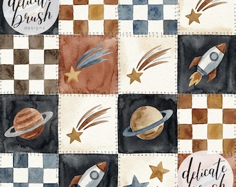 Padrão sem costura em aquarela com patchwork celestial de planetas e estrelas, estilo boho masculino, em tons neutros e suaves / Design para tecido / Padrão digital