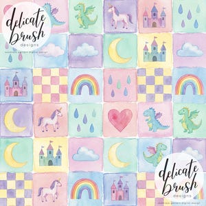 May include: A whimsical watercolour pattern featuring squares with dragons, unicorns, castles, rainbows, moons, clouds, and hearts in pastel colours. The design includes the text "delicate brush designs" and "seamless pattern digital design".