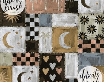 Aquarell gemalt himmlisches Patchwork Mond Sterne geometrisches Boho Sommer tropisch nahtloses Muster / Stoffdesign / digitales Muster