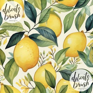 Könnte beinhalten: Aquarell-Illustration von Zitronen und Blättern. Das Bild zeigt leuchtend gelbe Zitronen mit grünen Blättern und kleinen gelben Blüten. Der Text "delicate brush designs" befindet sich in einem Kreis oben links und unten rechts.