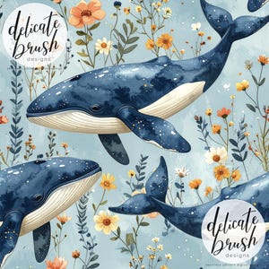 Peut inclure: Illustration à l'aquarelle de baleines bleues nageant parmi des fleurs et du feuillage. Les baleines ont le ventre blanc et se détachent sur un fond bleu clair avec des fleurs orange, jaunes et blanches. Le texte "delicate brush designs" est présent.