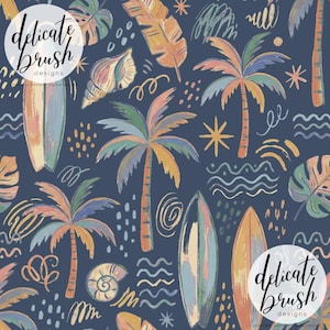 May include: A digital pattern featuring a navy blue background with colorful illustrations of palm trees, surfboards, seashells, and tropical leaves. The design includes the text "delicate brush designs".