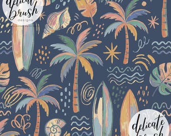 Watercolour Painted Memphis Beach Summer Surf Palm Shell Boho Vacation Holiday Navy Male Seamless Pattern / Fabric Design / Digital Pattern