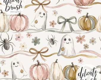 Padrão sem costura em aquarela com abóbora de Halloween, fantasma, flores, estilo boho, coquete, laço, fofo e em tons pastel / Padrão de superfície / Padrão digital