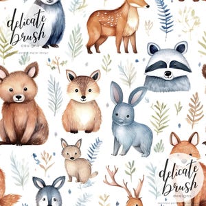 May include: A seamless pattern featuring watercolor illustrations of woodland animals, including a bear, fox, raccoon, deer, and rabbit. The design incorporates botanical elements and the text "delicate brush designs". The color palette includes shades of brown, blue, and green.