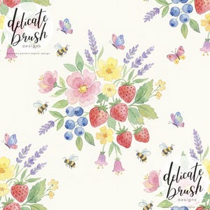 Watercolour Painted Spring Summer Garden Flowers Floral Strawberries Berries Bees Seamless Pattern / Surface Pattern / Digital Pattern