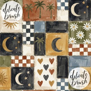 May include: A patchwork design featuring squares with watercolor illustrations of palm trees, moons, stars, daisies, hearts, and suns. The squares are in various colors including brown, blue, black, and white. The text "delicate brush designs" is in a circular logo.