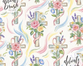 Padrão sem costura / Padrão de superfície / Padrão digital com pintura em aquarela de flores da primavera, cruz de Jesus, Páscoa vintage, coquete, flores silvestres