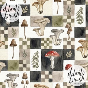 May include: Watercolor pattern featuring various mushrooms in shades of brown, beige, and red, set against a checkered background of black, green, and beige squares. Fern and leaf accents add to the natural theme. The design includes the text "delicate brush designs".