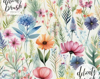 Watercolour Painted Wild Flowers Floral Colourful Nature Outdoors Seamless Pattern / Fabric Design / Surface Pattern / Digital Pattern