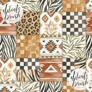 May include: A patchwork design with squares showcasing diverse patterns. These include leopard print, zebra stripes, geometric shapes, and leaf motifs in brown, tan, and black. The text "delicate brush designs" is visible.