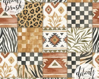 Watercolour Painted Patchwork Boho Aztec Animal African Aztec Geometric Safari Summer Seamless Pattern / Fabric Design / Digital Pattern