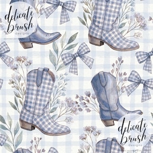 Könnte beinhalten: Aquarellmuster mit blau-weiß karierten Cowboy-Stiefeln, Schleifen und floralen Akzenten auf einem hellblau-weißen karierten Hintergrund. Das Design enthält den Text "delicate brush designs".