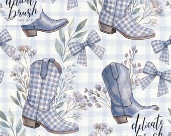 Watercolour Painted Gingham Western Country Cowboy Boots Floral Bow Coquette Foliage Seamless Pattern / Surface Pattern / Digital Pattern