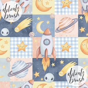 May include: A whimsical, seamless pattern featuring rockets, planets, stars, moons, and smiling aliens. The design incorporates a palette of soft blues, yellows, and oranges, creating a playful and dreamy aesthetic. The pattern is divided into squares with a mix of solid colors and gingham.