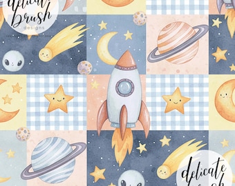 Aquarellgemaltes himmlisches Patchwork-Weltraum-Planeten-Sternen-nettes gedämpftes Baby-neutrales nahtloses Muster / Stoffdesign / digitales Muster