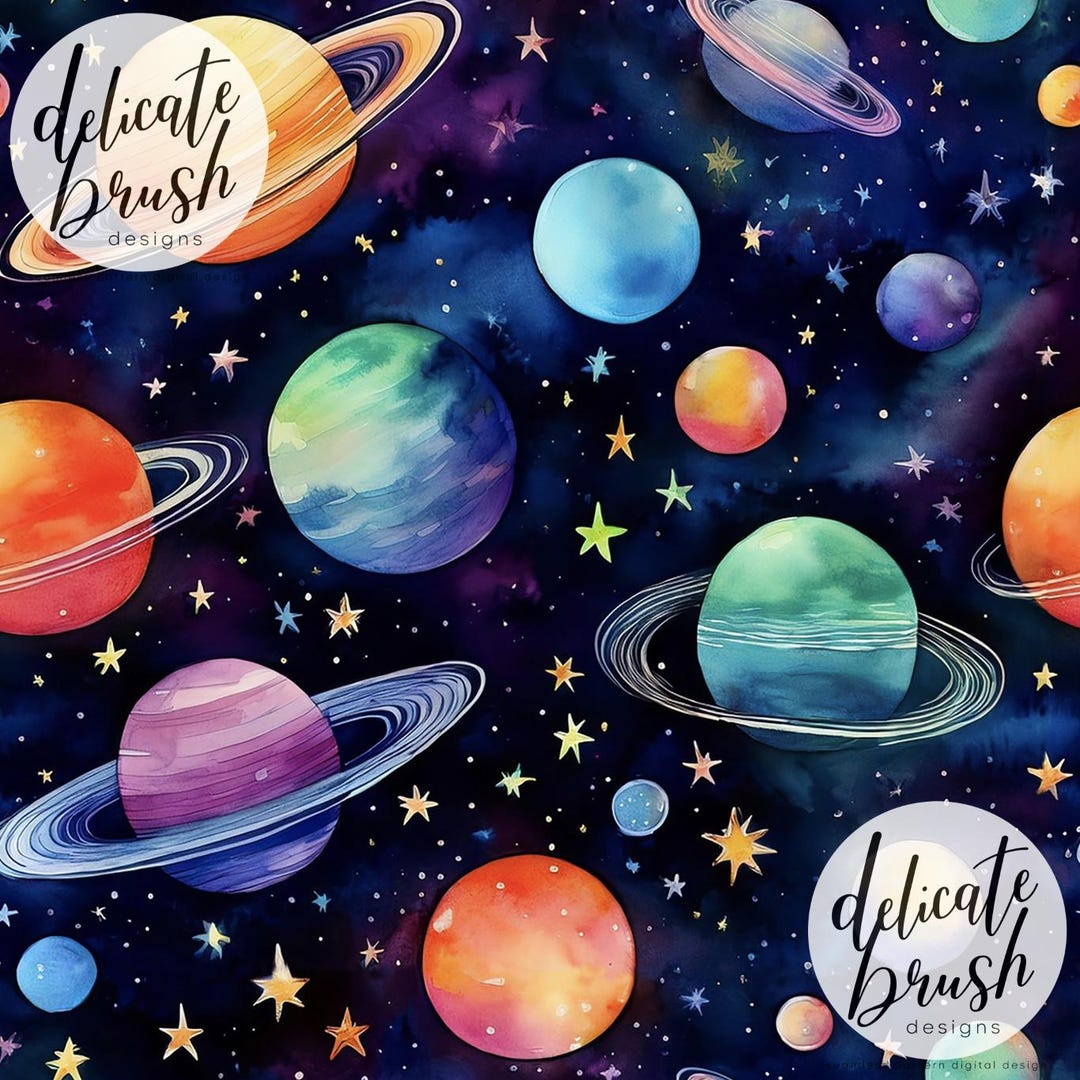 Planets Space Galaxy Kids Watercolour Painted Stars Sky Seamless ...