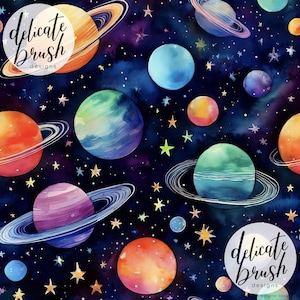 Puede incluir: Ilustración en acuarela de planetas y estrellas sobre un fondo espacial azul oscuro. Los planetas son de varios colores, incluyendo naranja, azul, verde y morado, algunos con anillos. Estrellas amarillas y blancas salpican la escena.