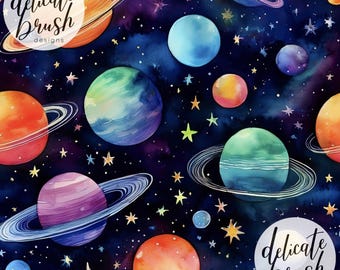 Planeten Raum Galaxy Kinder Aquarell gemalt Sterne Himmel Nahtloses Muster / Stoffdesign / Oberflächenmuster / Digitales Muster
