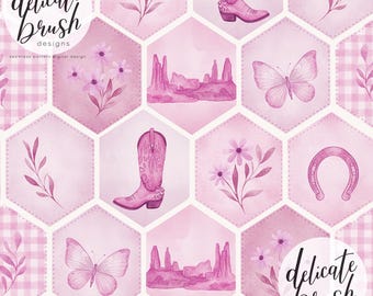 Aquarell gemalt Patchwork Frühling Western Wilder Westen Cowboy Floral rosa Gingham Nahtloses Muster / Oberflächenmuster / Digitales Muster