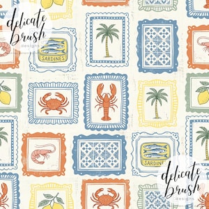Watercolour Painted Mediterranean Summer Italian Frames Crab Lemon Lobster Fish Sardines Seamless Pattern / Fabric Design / Digital Pattern