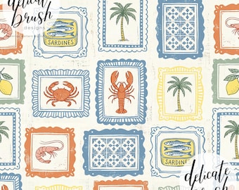 Watercolour Painted Mediterranean Summer Italian Frames Crab Lemon Lobster Fish Sardines Seamless Pattern / Fabric Design / Digital Pattern