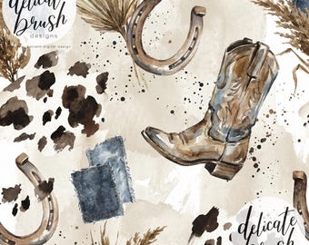 Watercolour Painted Spring Western Wild West Cowboy Horseshoe Dried Floral Cow Print Seamless Pattern / Surface Pattern / Digital Pattern