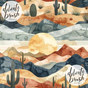 May include: Watercolor landscape featuring a desert scene with cacti, mountains, and a large sun. The color palette includes shades of orange, blue, and beige. The text "delicate brush designs" is visible in a circular logo.
