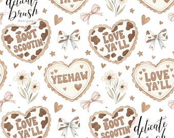 Watercolour Painted Cow Print Love Heart Slogans Country Western Wild West Floral Bow Seamless Pattern / Surface Pattern / Digital Pattern