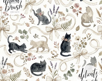 Watercolour Painted Cats Kittens Vintage Rustic Floral Coquette Cottagecore Bows Boho Seamless Pattern / Surface Pattern / Digital Pattern