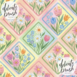 May include: A seamless watercolor pattern featuring a repeating floral design. The pattern includes daisies, tulips, and other flowers within diamond-shaped frames. The color palette is soft, with pastel pinks, yellows, greens, and blues. The text "delicate brush designs" is visible.