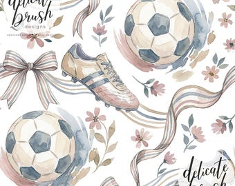 Padrão sem costura / Padrão de superfície / Padrão digital com pintura em aquarela de futebol, Copa do Mundo, flores delicadas e estilo boho