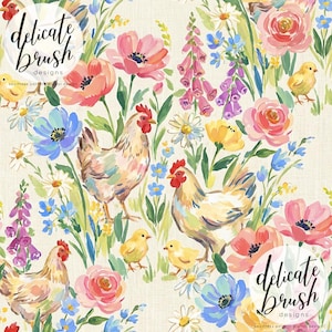 Könnte beinhalten: Aquarellillustration mit Hühnern, Küken und bunten Blumen. Das Design umfasst rosa Mohnblumen, blaue Anemonen und gelbe Gänseblümchen. Der Text "delicate brush designs" ist im Bild sichtbar.