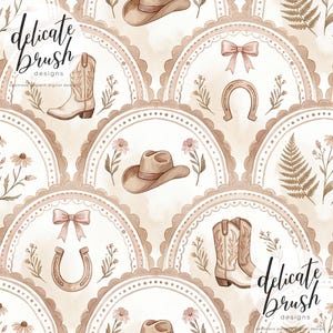 May include: Watercolor seamless pattern featuring cowboy boots, hats, horseshoes, and bows. The design includes floral and fern elements, all set against a soft, neutral background. The text "delicate brush designs" is visible.