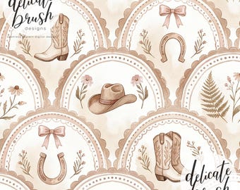 Watercolour Painted Spring Scalloped Scallop Western Wild West Cowboy Horse Floral Coquette Flowers Seamless Pattern  / Digital Pattern