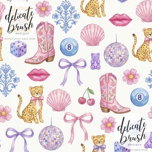 May include: A repeating watercolour pattern with pink cowboy boots, cheetahs, disco balls, and flowers. Other elements include lips, bows, and an eight ball. The text "delicate brush designs" is also present.
