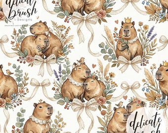 Watercolour Painted Boho Capybara Animals Cute Floral Flowers Seamless Pattern / Fabric Design / Surface Pattern / Digital Pattern