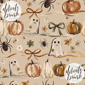 Peut inclure: Motif sans couture avec des illustrations à l'aquarelle de citrouilles, fantômes souriants, araignées, nœuds et fleurs dans des tons marron, beige et crème. Thème automnal et fantaisiste, idéal pour Halloween.