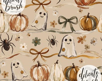 Aquarell gemalt Halloween Kürbis Herbst Geist Floral Boho Kokette Schleife niedlich Muted Seamless Muster / Oberflächenmuster / Digitales Muster