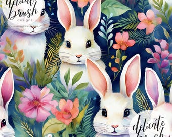 Watercolour Painted Spring Bunny Rabbit Floral Foliage Easter Cute Seamless Pattern / Fabric Design / Surface Pattern / Digital Pattern