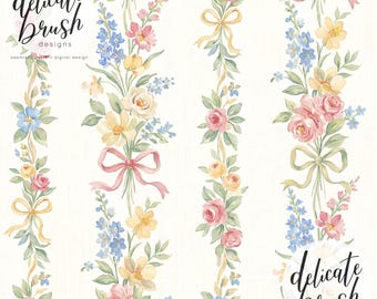 Watercolour Painted Spring Floral Stripes Ribbon Flowers Coquette Bow Pretty Cute Seamless Pattern / Surface Pattern / Digital Pattern