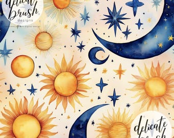 Halloween Aquarell Himmlisch Mond Sterne Sonne Mystisch Magie Nahtloses Muster / Stoffdesign / Oberflächenmuster / Digitales Muster
