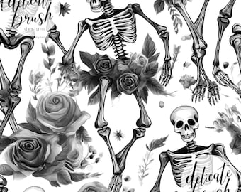 Padrão monocromático sem costura com esqueleto dançante em aquarela pintado para o Halloween / Design para tecido / Estampa para superfície / Padrão digital