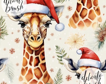 Watercolour Painted Christmas Xmas Giraffe Santa Boho Foliage Safari Seamless Pattern / Fabric Design / Surface Pattern / Digital Pattern