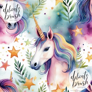 Puede incluir: Ilustración en acuarela de un unicornio con cuerno dorado y melena arcoíris. El diseño presenta estrellas, hojas y el texto "delicate brush designs". La paleta de colores incluye rosa, morado, amarillo y azul.