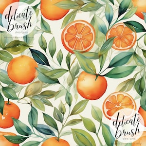 May include: Watercolor seamless pattern featuring oranges and green leaves. Whole oranges and orange slices are interspersed with green foliage against a cream background. The text "delicate brush designs" is in a circular design.