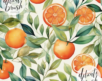 Padrão sem costura vintage em aquarela de laranjas clementinas, com tema botânico de frutas cítricas / Design para tecido / Estampa para superfície / Padrão digital