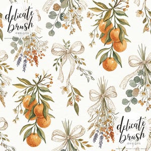 Op de afbeelding: Waterverfpatroon met sinaasappeltakken, bloemboeketten en kanten strikken op een witte achtergrond. De tekst "delicate brush designs" is zichtbaar. Het ontwerp heeft een vintage, botanisch thema.